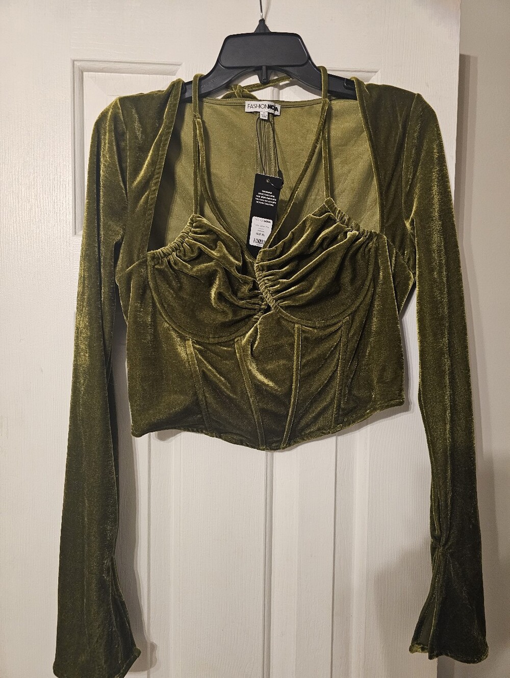 Fashion Nova Olive Velvet Ruched Bustier Long Sleeve Crop Top
